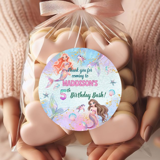 Pink Purple Glitter Mermaids 5th Birthday Party Classic Round Sticker (Creator Uploaded)