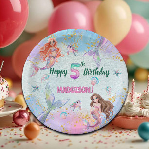 Pink Purple Glitter Mermaids 5th Birthday Party Paper Plate