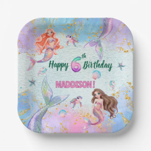 Pink Purple Glitter Mermaids 6th Birthday Party Paper Plate