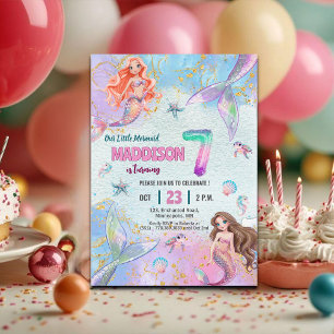 Pink Purple Glitter Mermaids 7th Birthday Party Invitation