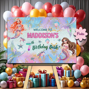 Pink Purple Glitter Mermaids 7th Birthday Welcome  Poster