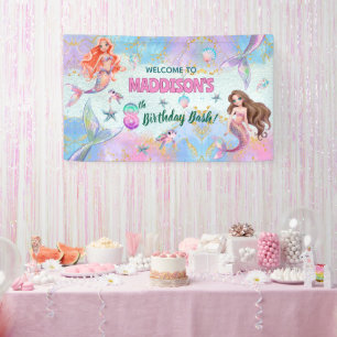 Pink Purple Glitter Mermaids 8th Birthday Welcome  Banner