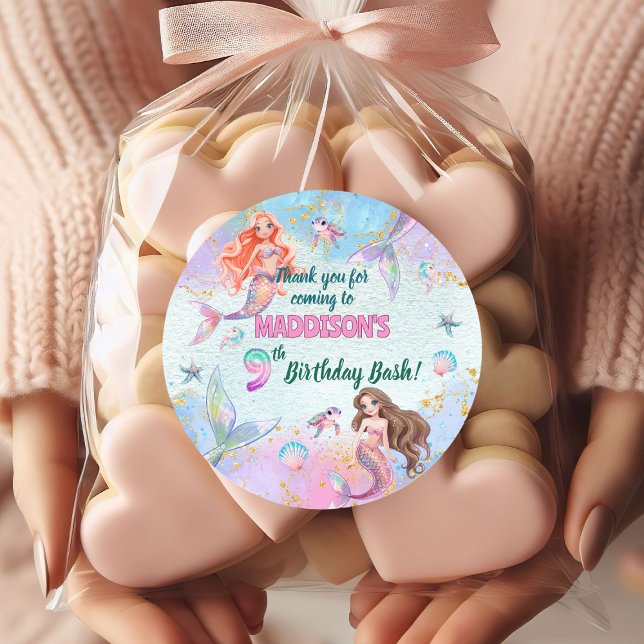 Pink Purple Glitter Mermaids 9th Birthday Party Classic Round Sticker (Creator Uploaded)
