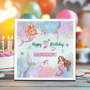 Pink Purple Glitter Mermaids 9th Birthday Party Napkin