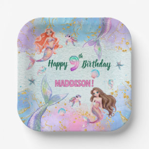 Pink Purple Glitter Mermaids 9th Birthday Party Paper Plate