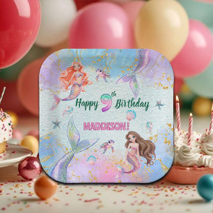 Pink Purple Glitter Mermaids 9th Birthday Party Paper Plate