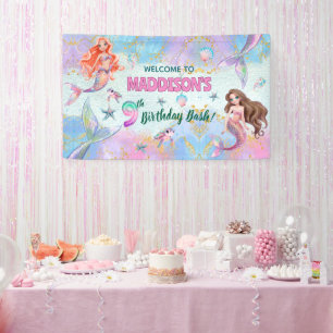 Pink Purple Glitter Mermaids 9th Birthday Welcome  Banner