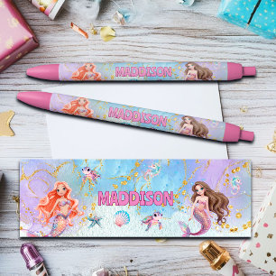 Pink Purple Glitter Mermaids Add Name Black Ink Pen
