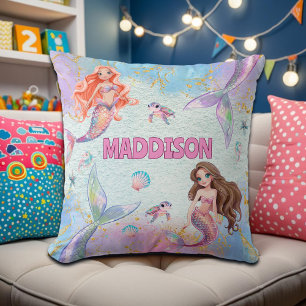Pink Purple Glitter Mermaids Add Name Cushion