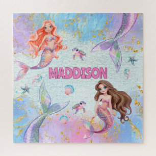 Pink Purple Glitter Mermaids Add Name Jigsaw Puzzle