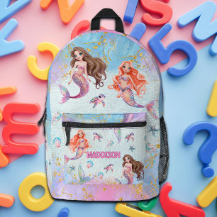 Pink Purple Glitter Mermaids Add Name Printed Backpack