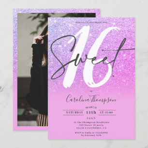 Pink purple glitter ombre font photo Sweet 16 Invitation
