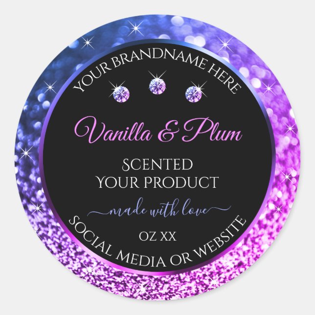 Pink Purple Glitter Product Labels Diamonds Black (Front)