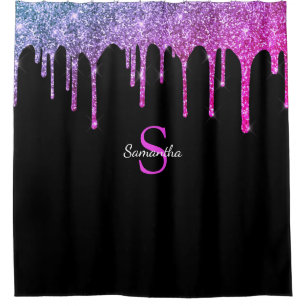 Pink Purple Glitter Sparkle Drips Monogram Name Shower Curtain
