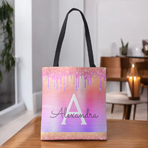 Pink Purple Glitter Sparkle Elegant Monogram Tote Bag