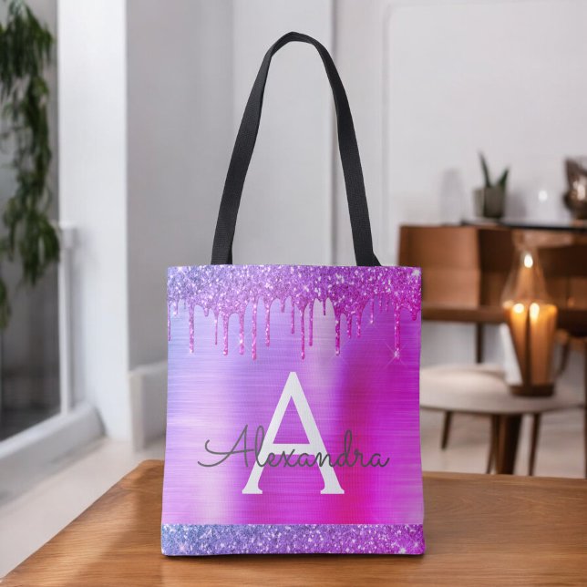 Pink Purple Glitter Sparkle Elegant Monogram Tote Bag (Creator Uploaded)