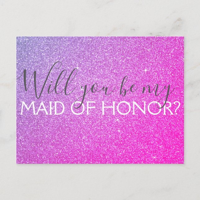 Pink Purple Glitter & Sparkle Maid of Honour Invitation Postcard (Front)