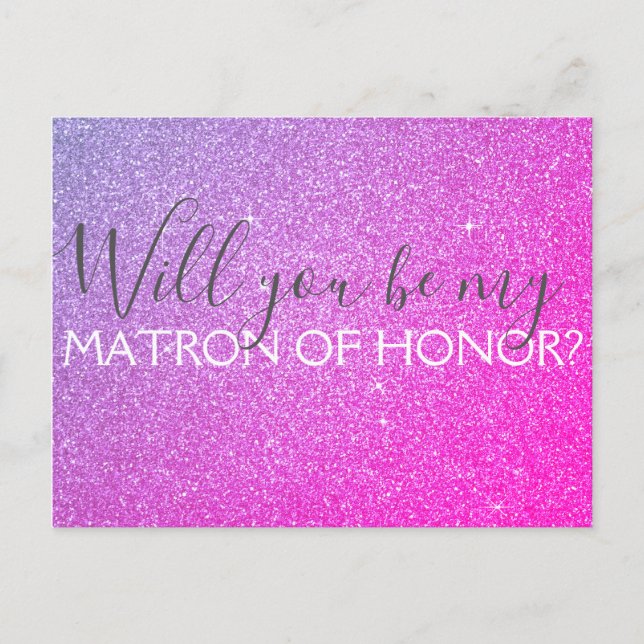 Pink Purple Glitter & Sparkle Matron of Honour Invitation Postcard (Front)