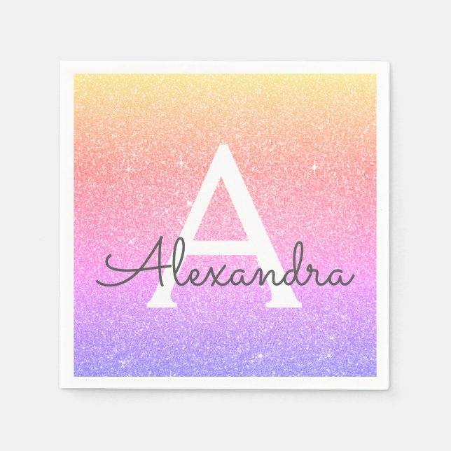 Pink - Purple Glitter & Sparkle Monogram Birthday Napkin (Front)