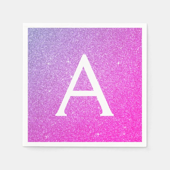 Pink - Purple Glitter & Sparkle Monogram Birthday Napkin (Front)
