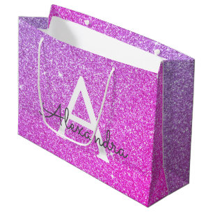 Pink - Purple Glitter & Sparkle Monogram Large Gift Bag