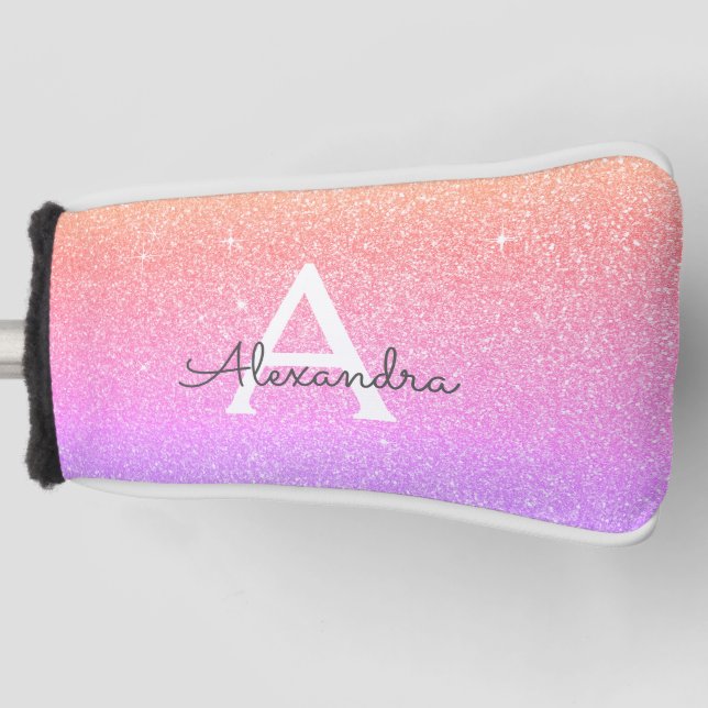 Pink Purple Glitter & Sparkle Monogram Name Golf Head Cover (Front)