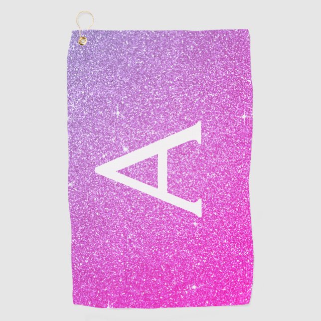 Pink Purple Glitter & Sparkle Monogram Name Golf Towel (Front)