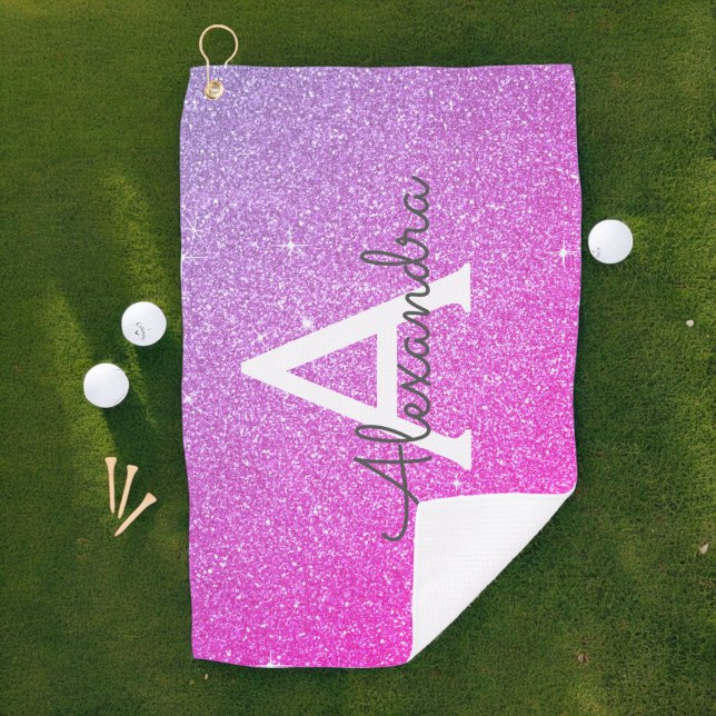 Pink Purple Glitter & Sparkle Monogram Name Golf Towel (Creator Uploaded)