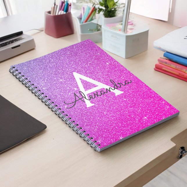 Pink Purple Glitter Sparkle Monogram Notebook (Creator Uploaded)