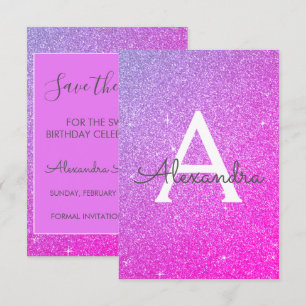 Pink Purple Glitter Sweet 16 Save the Date Invitation