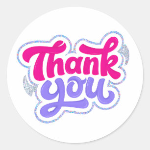 Pink Purple Glitter Thank You Sticker with Stars
