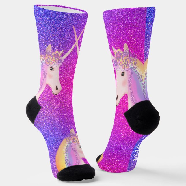 Pink Purple Glitter Unicorn Rainbow Socks (Angled)