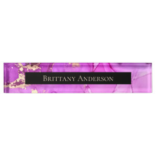 Pink Purple Gold Abstract Alcohol Ink  Nameplate