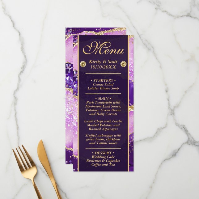 Pink Purple Gold Agate Pattern Wedding Menu (Front/Back In Situ)