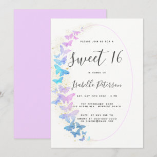 Pink Purple Gold Butterflies Boho Frame Sweet 16 Invitation