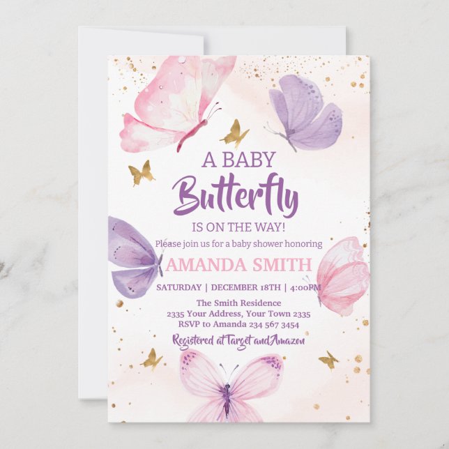  Pink Purple Gold Butterfly Baby Shower Invitation (Front)