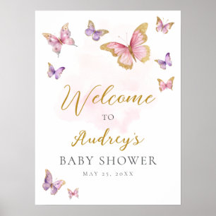 Pink Purple Gold Butterfly Baby Shower Welcome Poster