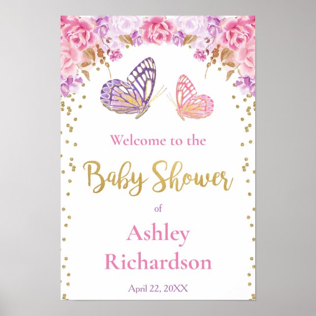 Pink purple gold Butterfly baby shower welcome Poster (Front)