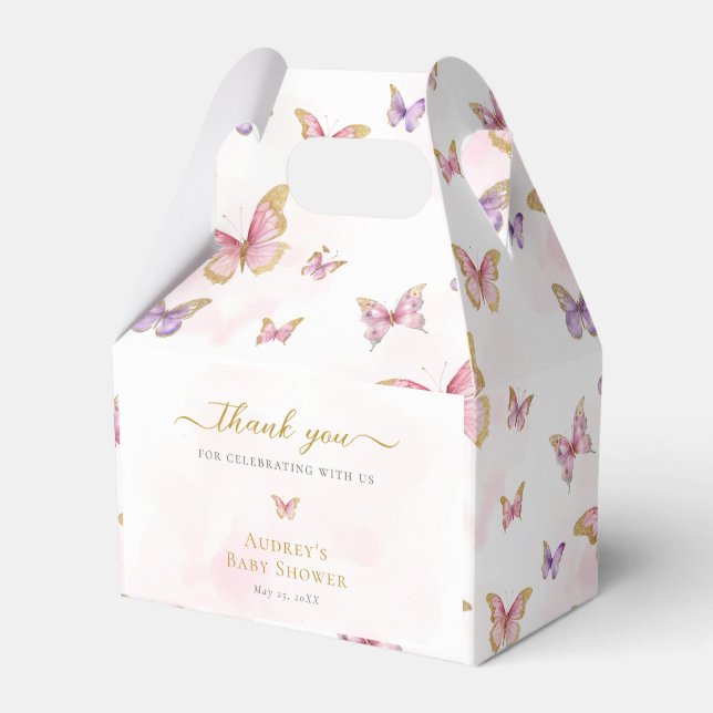 Pink Purple Gold Butterfly Girl Baby Shower Favour Box (Front Side)