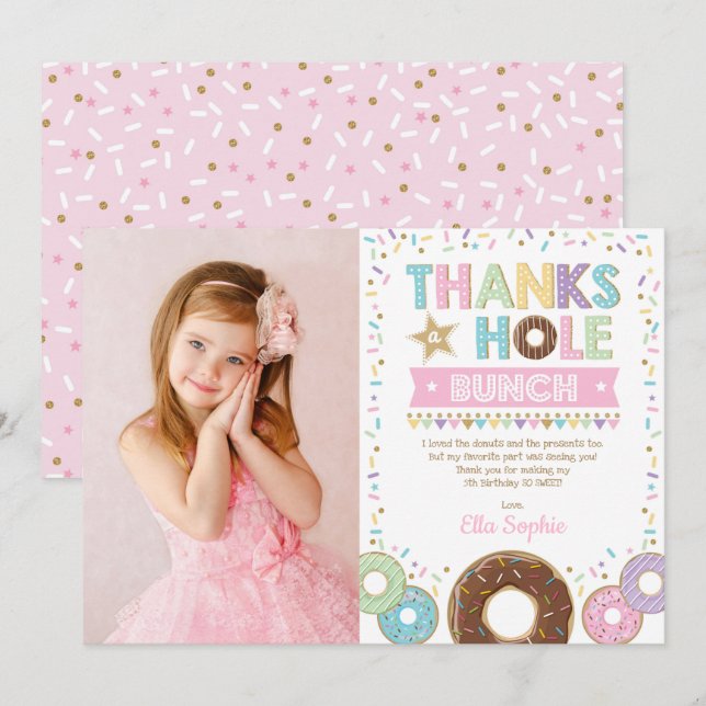 Pink Purple Gold Donut Birthday Thank You Card (Front/Back)