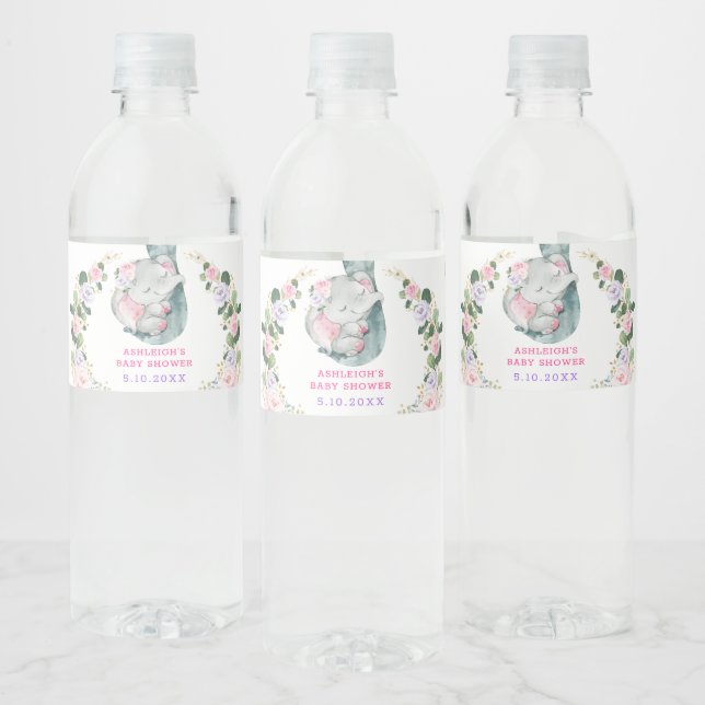 Pink Purple Gold Floral Elephant Baby Shower Favou Water Bottle Label (Bottles)