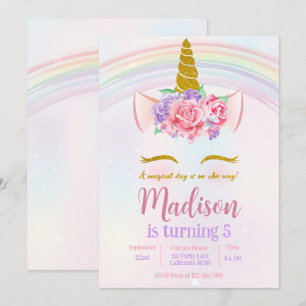 Pink Purple Gold Floral Rainbow Unicorn Party  Invitation