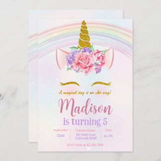 Pink Purple Gold Floral Rainbow Unicorn Party Invitation