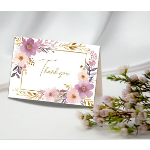 Pink Purple Gold Floral Watercolor Bridal Shower Thank You Card