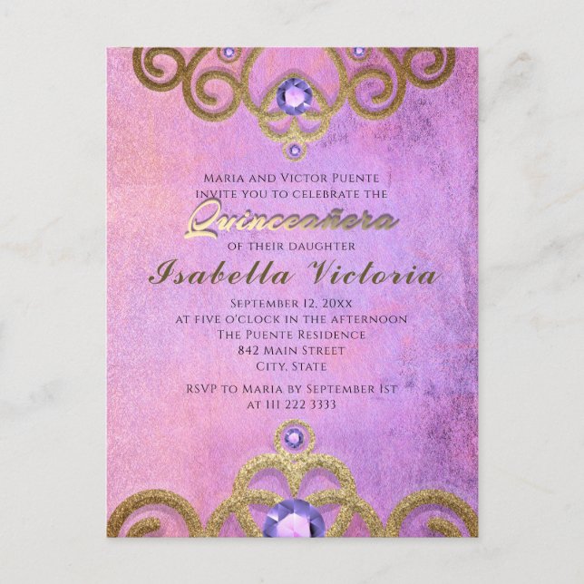 Pink Purple Gold Gitter Jewelled Tiara Quinceañera Postcard (Front)