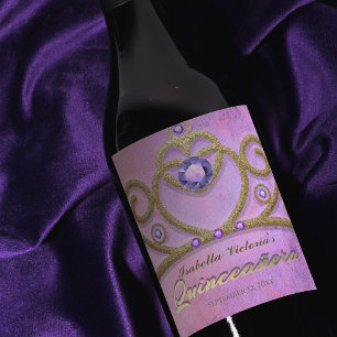 Pink Purple Gold Gitter Jewelled Tiara Quinceañera Wine Label