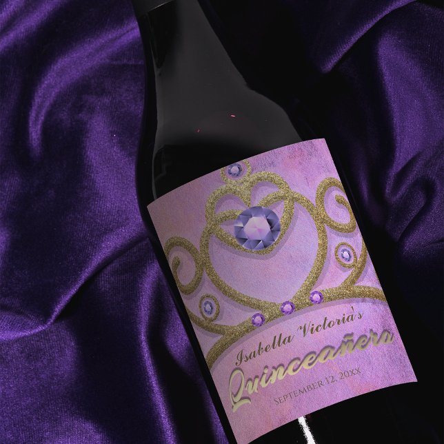 Pink Purple Gold Gitter Jewelled Tiara Quinceañera Wine Label (Creator Uploaded)