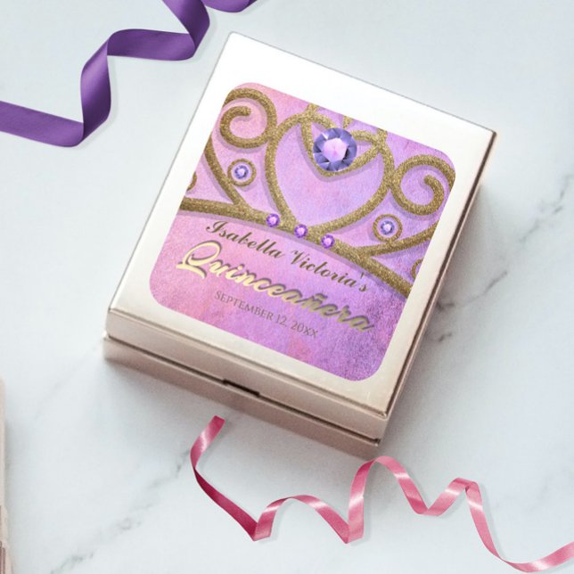 Pink Purple Gold Glitter Jewelled Tiara Quinceañer Square Sticker (Creator Uploaded)
