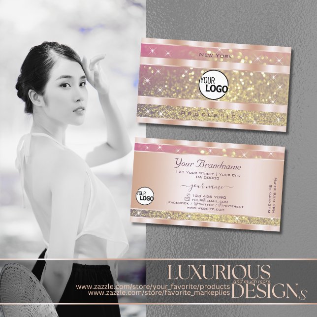 Pink Purple Gold Glitter Stars add Logo Rose Gold Business Card (Creator Uploaded)