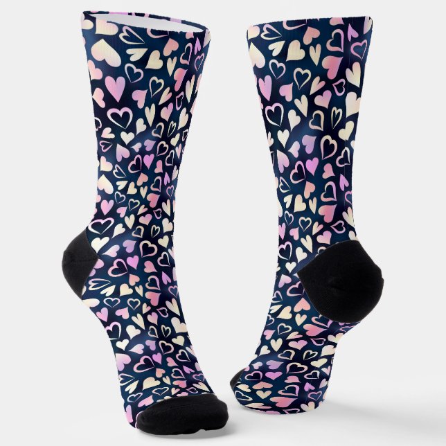 Pink Purple Gold Heart Pattern Crew Socks (Angled)